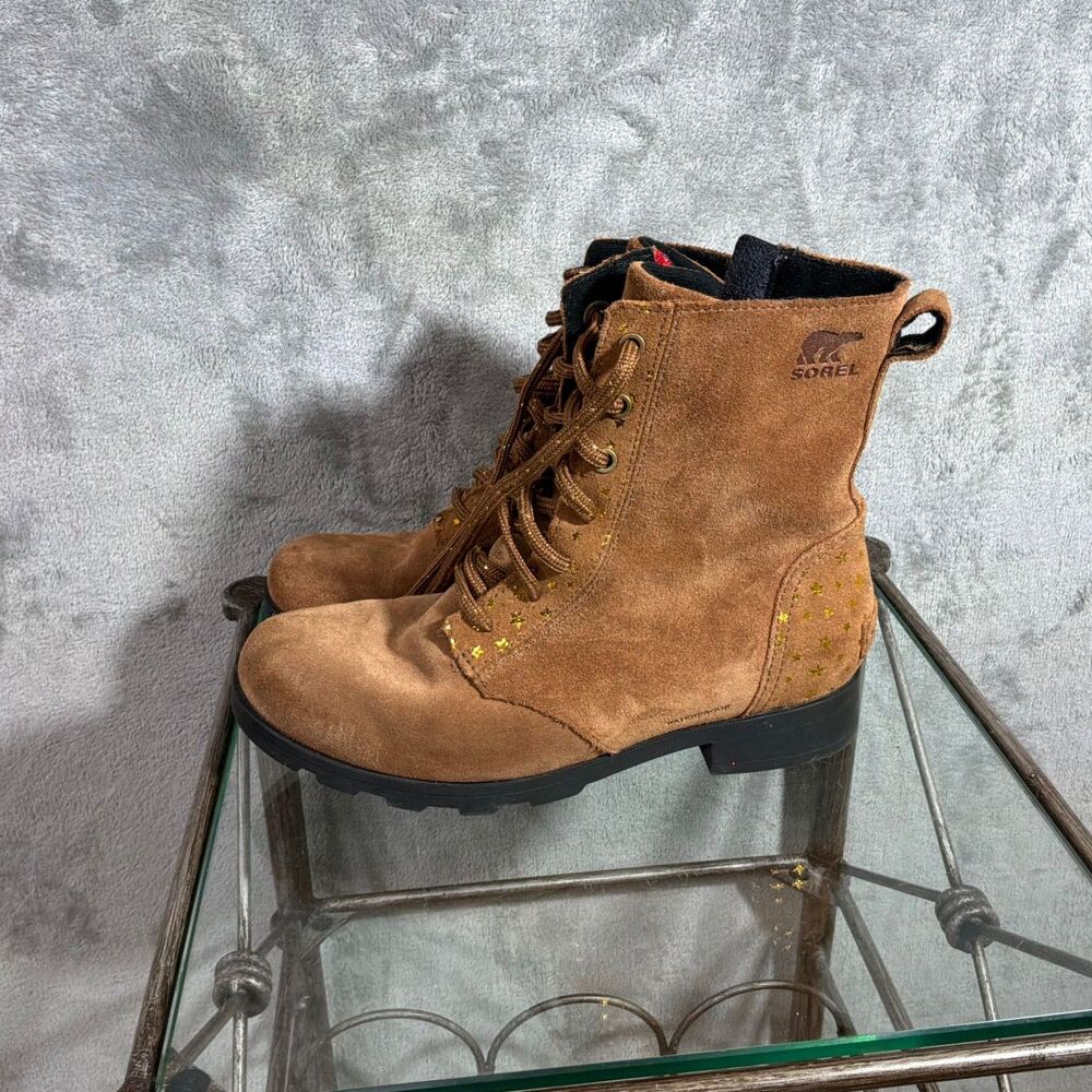 Sorel Emelie Suede Gold Star Pattern Waterproof Boots women’s size 5 lace up zip